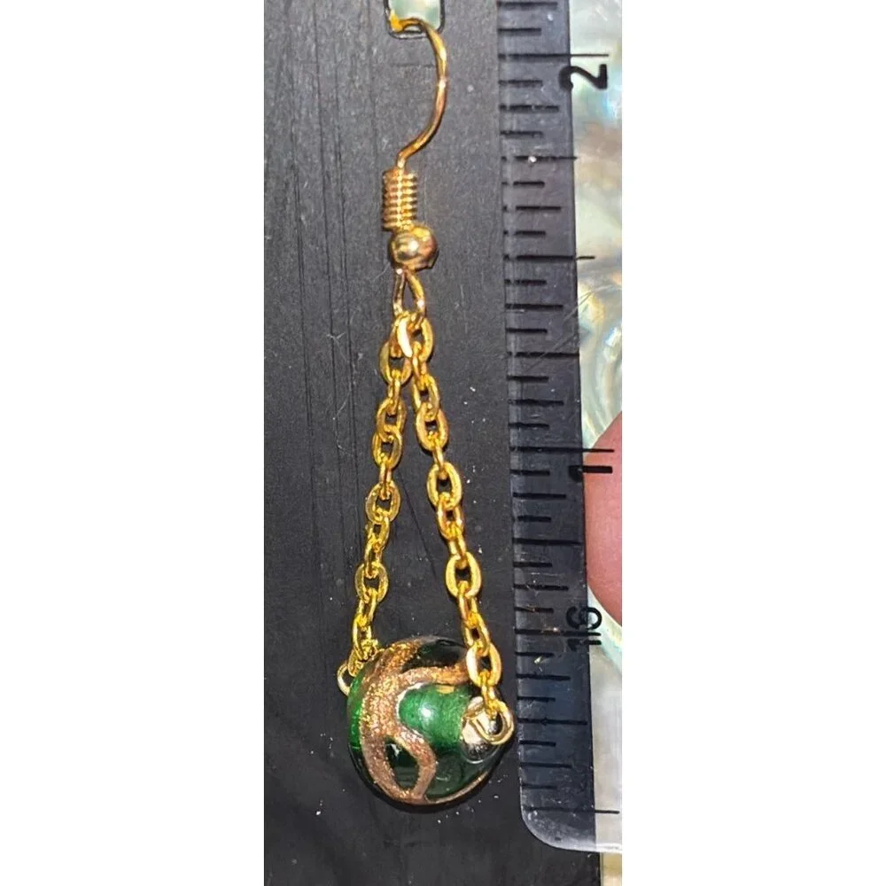 Lampwork GREEN Glass Bead Pierced Earrings Gold 1.5